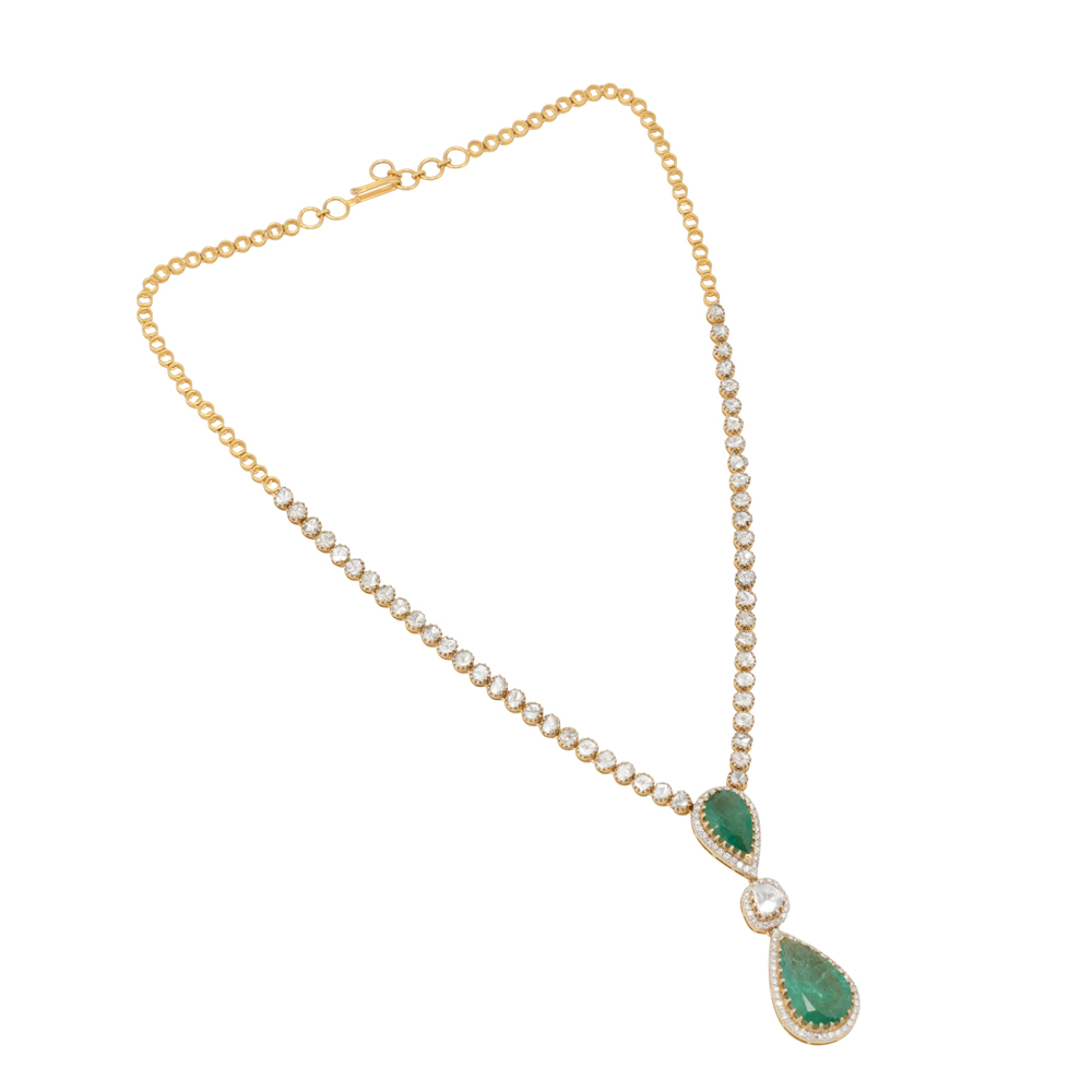 Claw-Set Emerald and Diamond Pendant Necklace